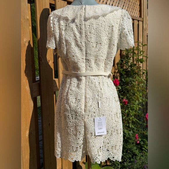 🆕 SELF-PORTRAIT 🧿 NWT Cream Guipure Lace Belted Mini Dress, Sz UK 12 US 8 - Picture 6 of 16
